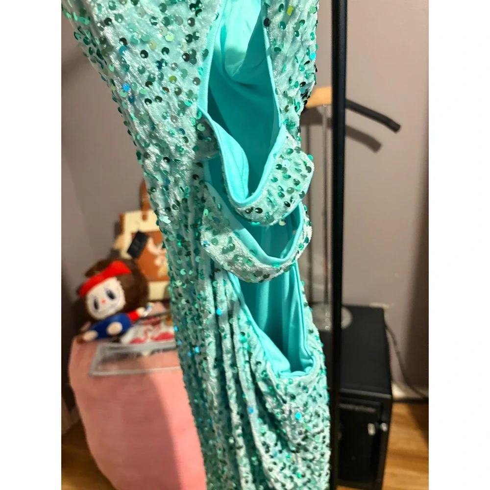 Turquoise Sequin Formal Gown Draped Sparkle Dress Sz XXL